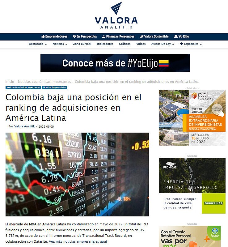 Colombia baja una posicin en el ranking de adquisiciones en Amrica Latina